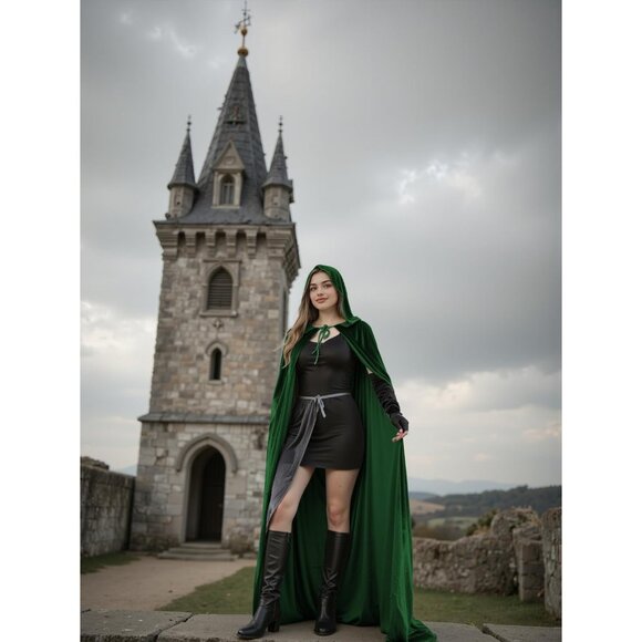 Green Witch Velvet Hooded Cloak Halloween Cape Queen King Renaissance Medieval - Picture 4 of 7